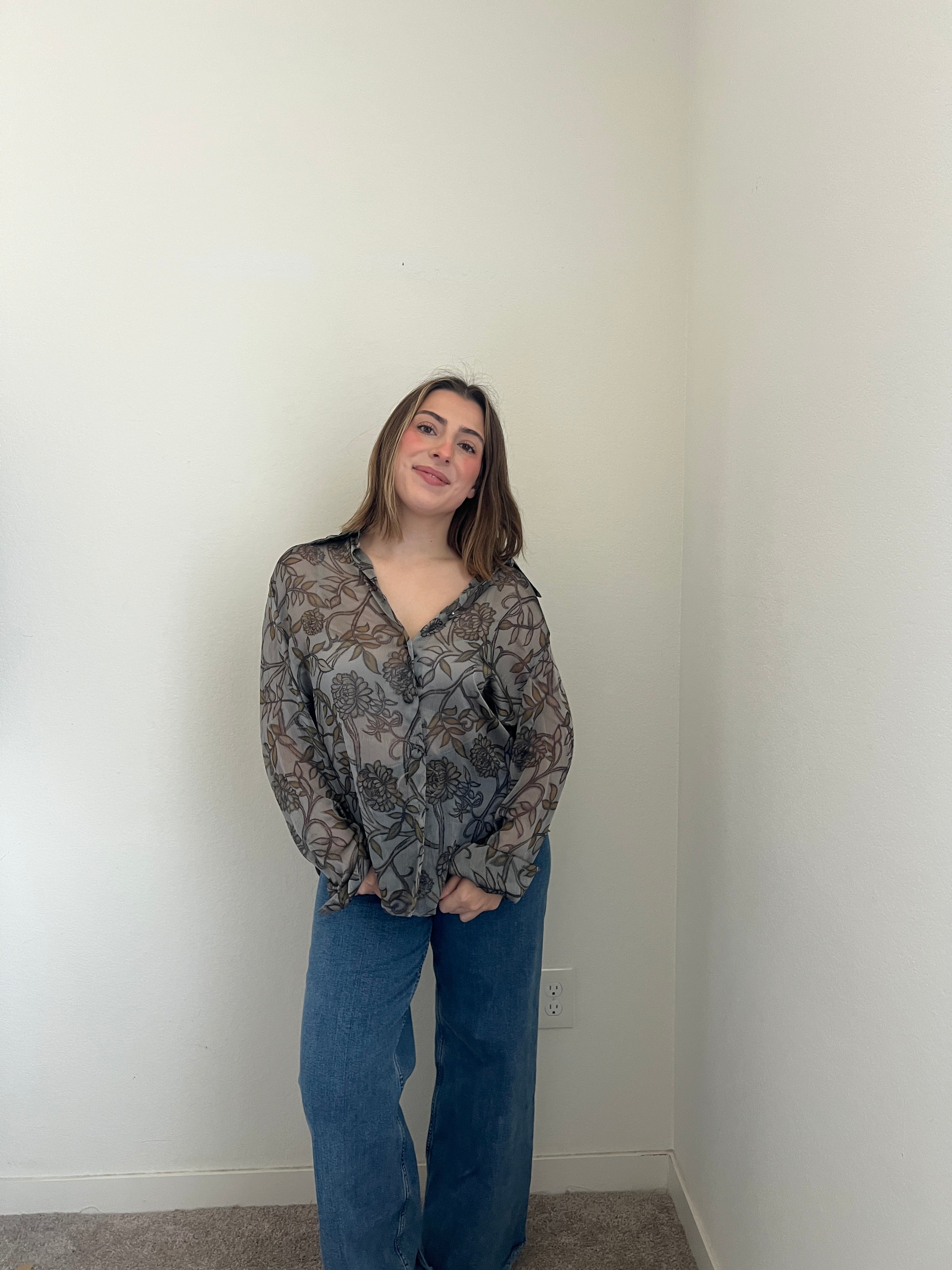 Sheer Floral Button Up (L)