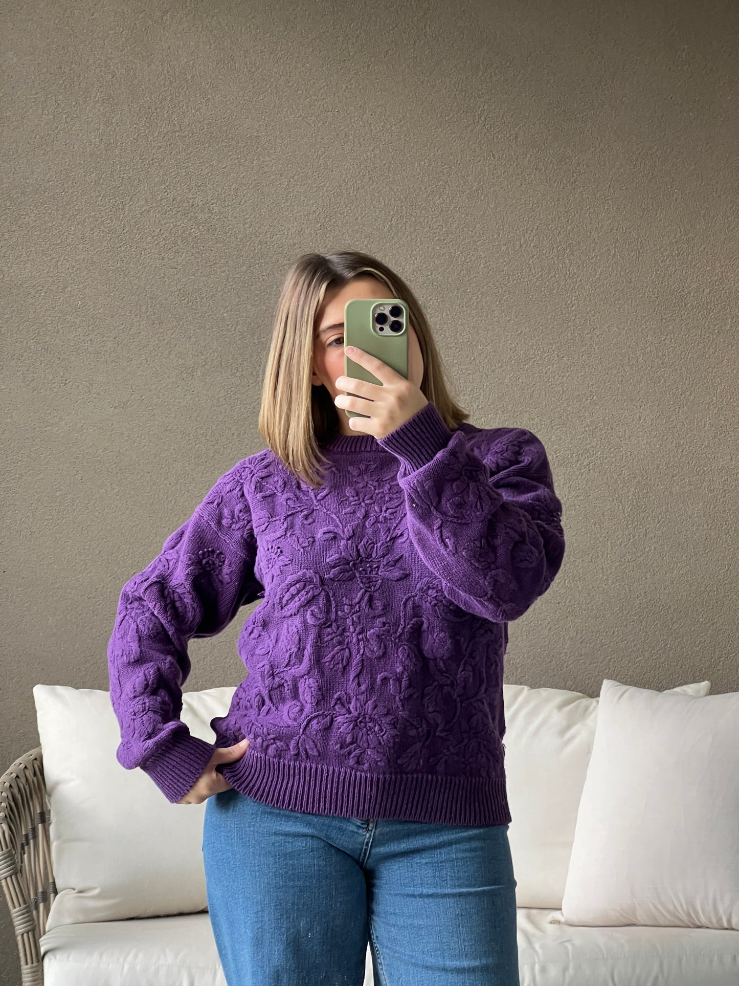 Purple Floral 3D Knit Sweater (M)