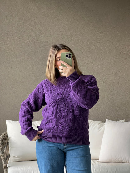 Purple Floral 3D Knit Sweater (M)