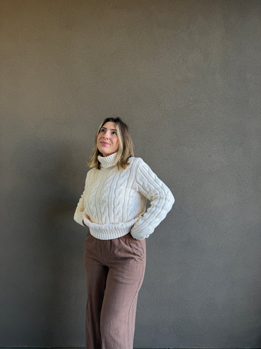RL Cream Cableknit Turtleneck (L)