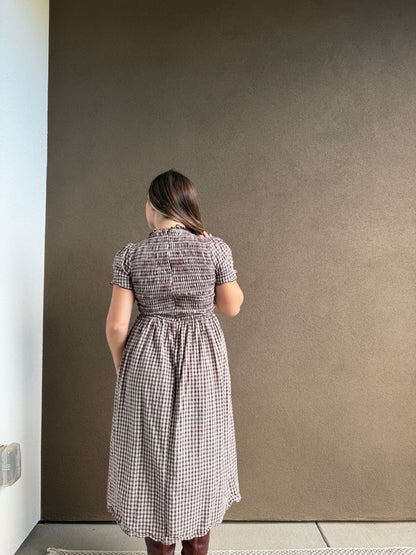 Coffee Plaid Shirred Puffed Sleeve Midi Dress (XS)