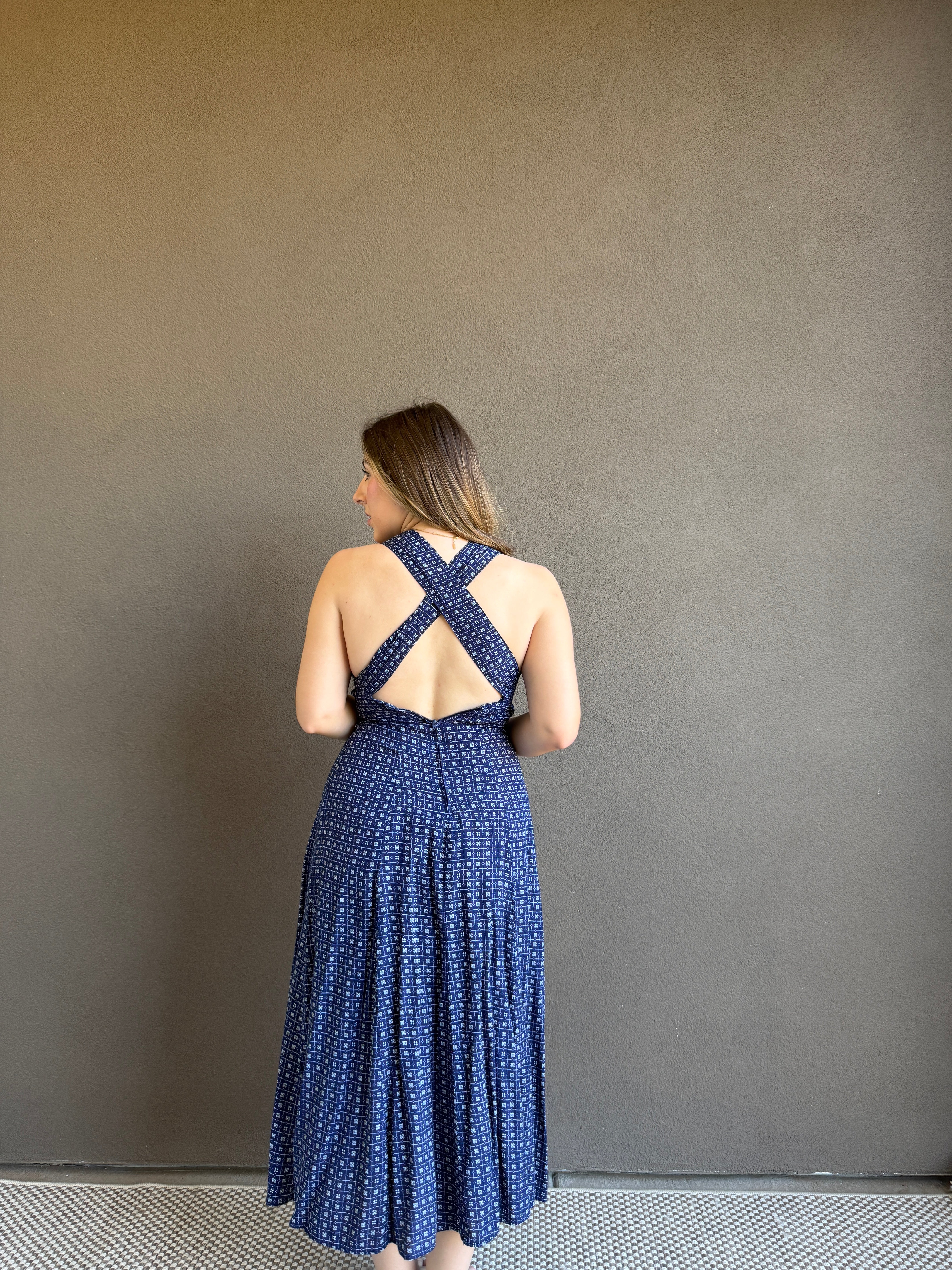 Vintage Blue Floral Midi Dress (XS)