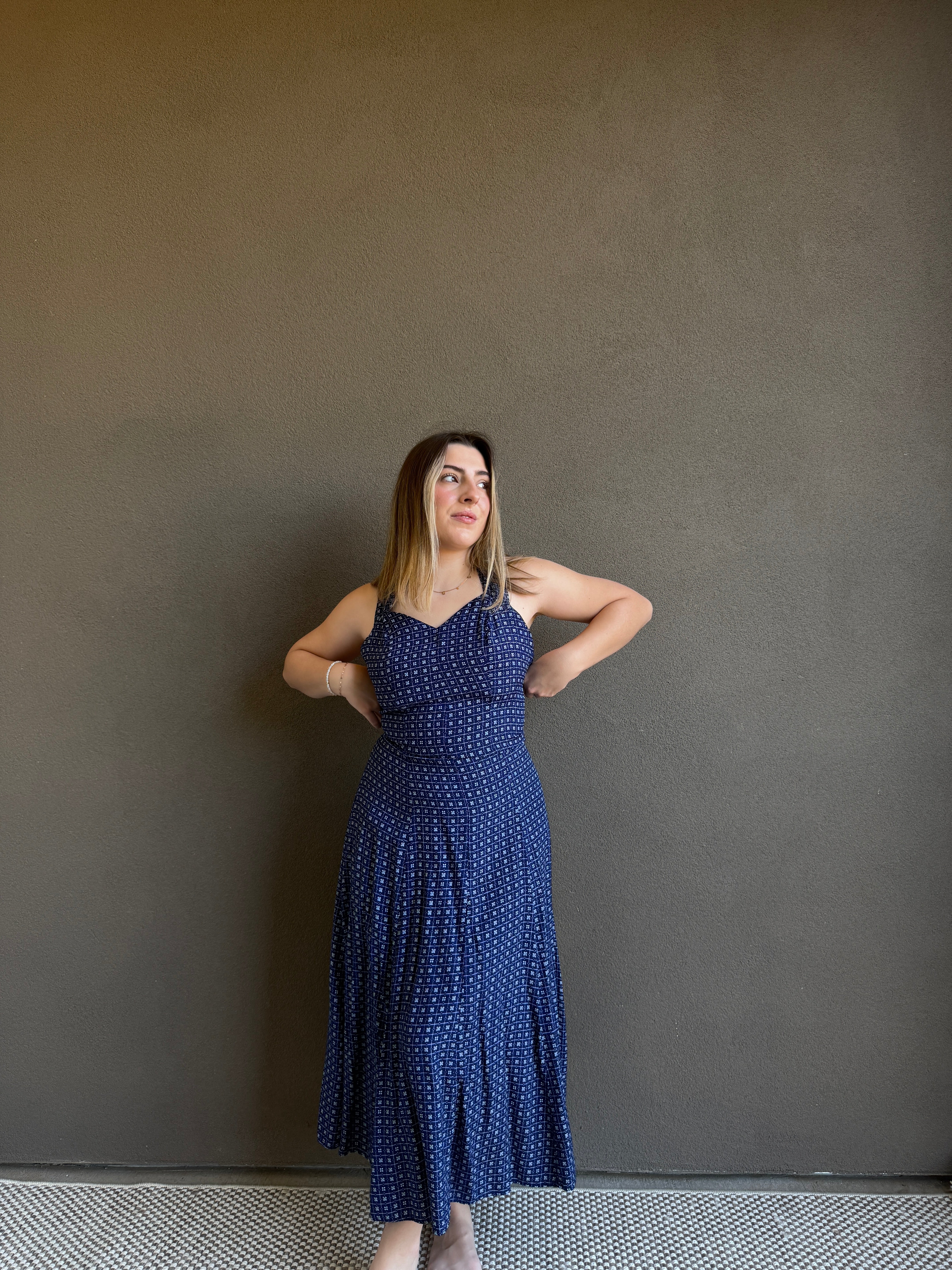 Vintage Blue Floral Midi Dress (XS)