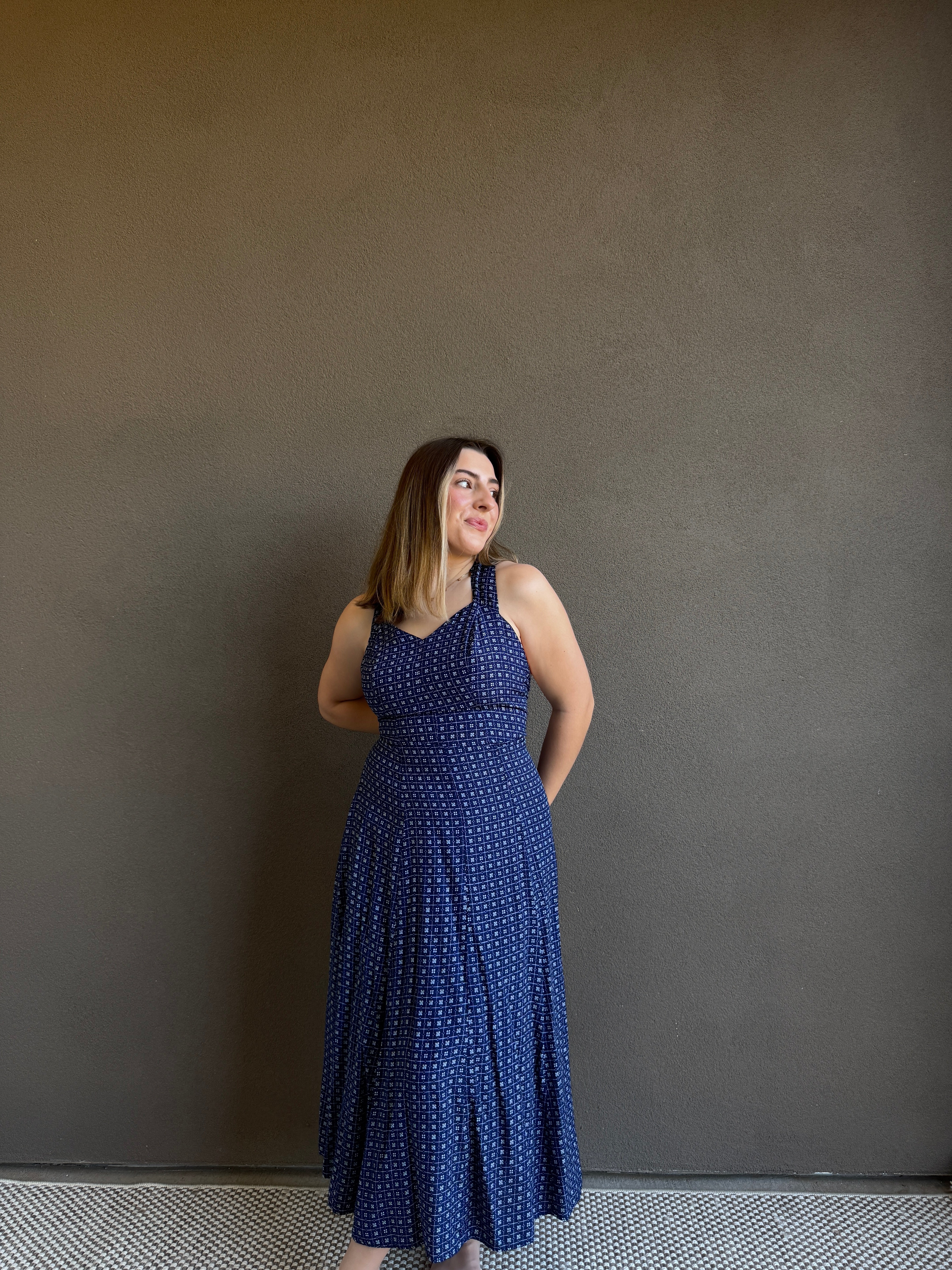 Vintage Blue Floral Midi Dress (XS)