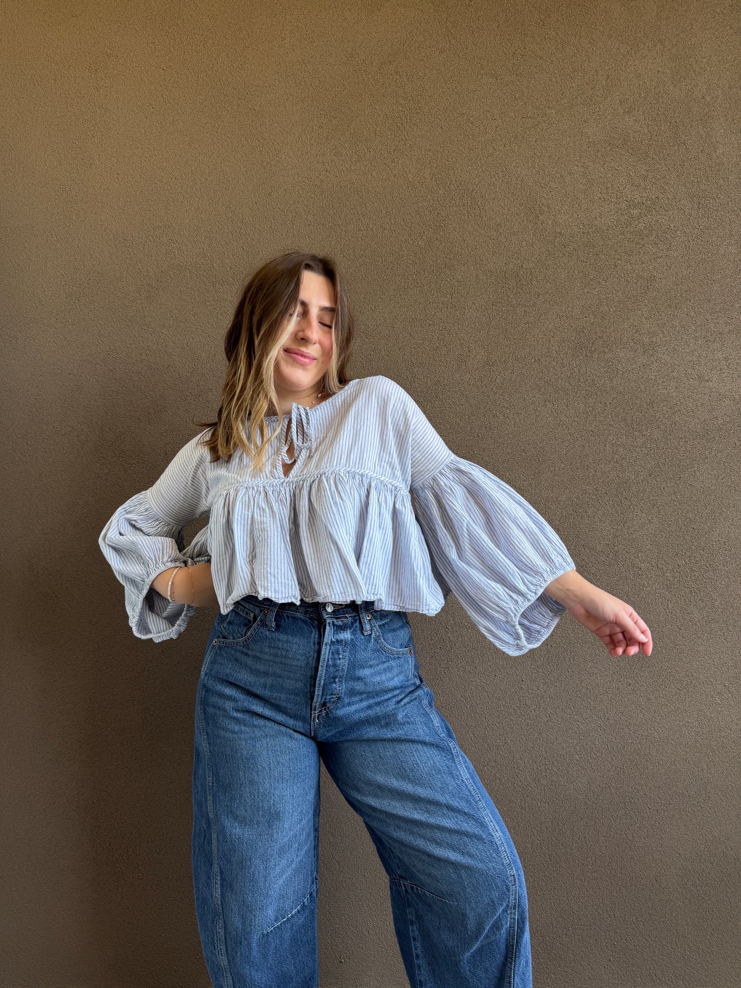 Free People Striped Puff Sleeve (XS)