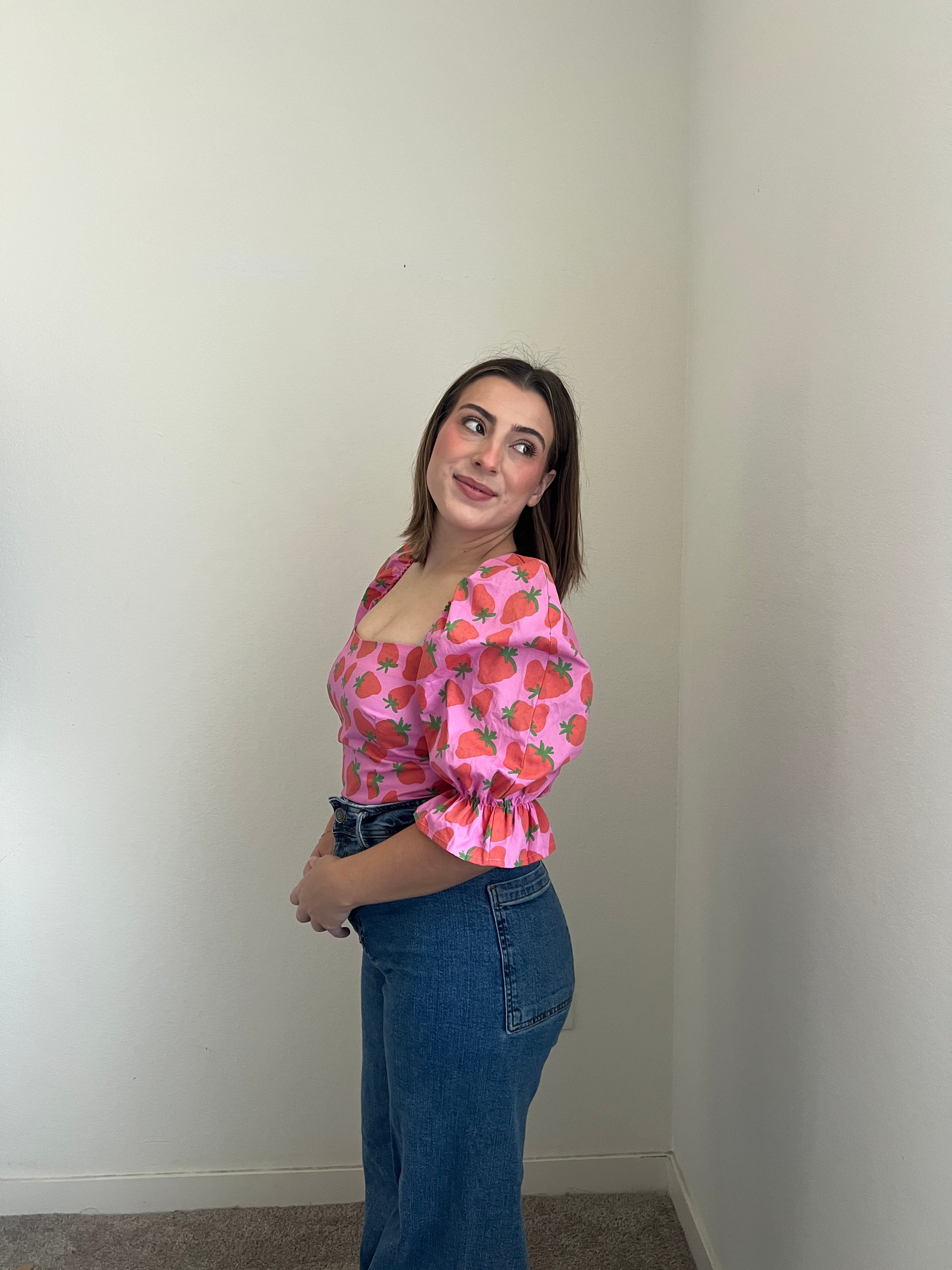 Strawberry Puff Sleeve Blouse (XS)