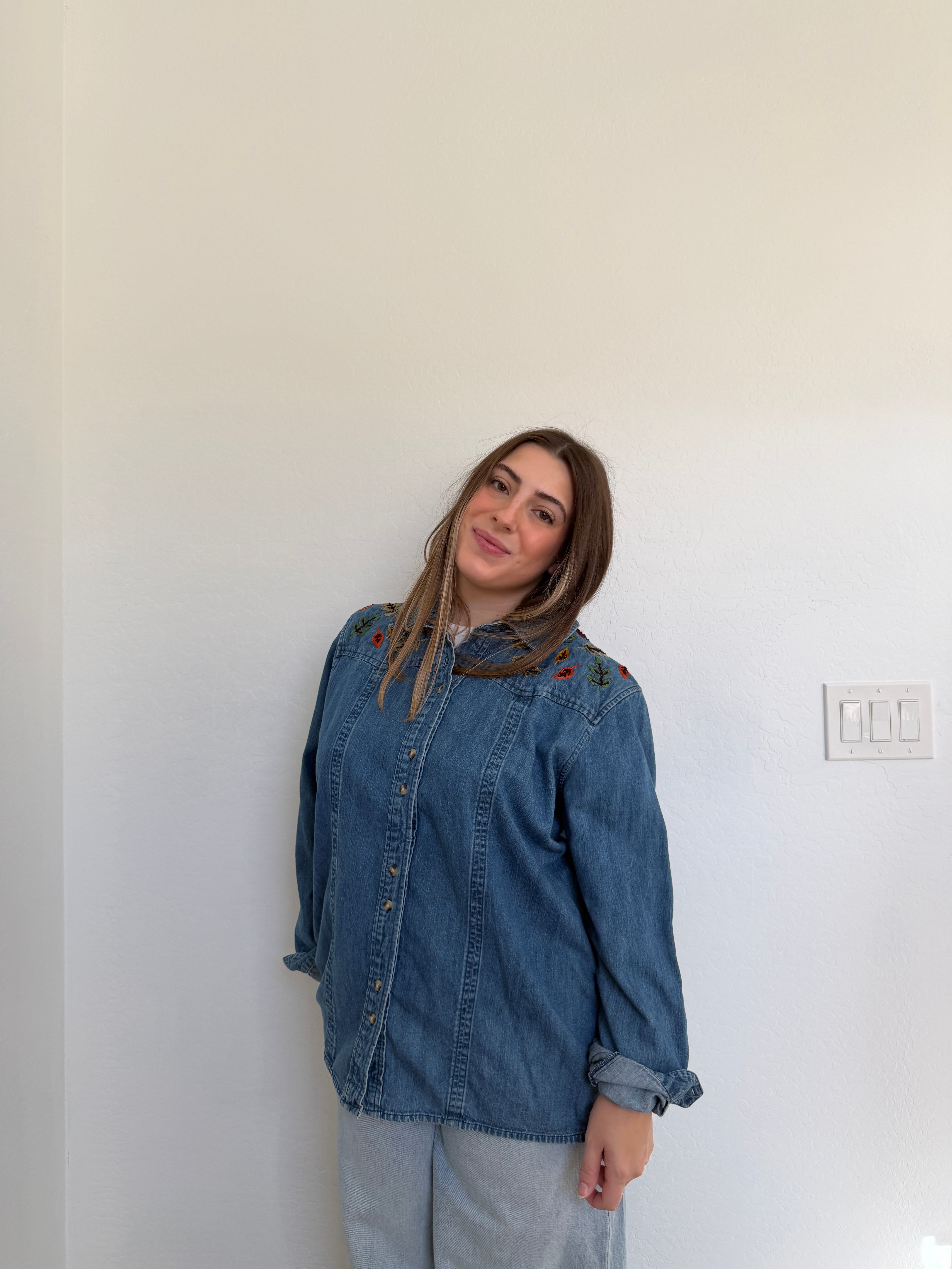 Embroidered Leaves Denim Shirt  (XL)
