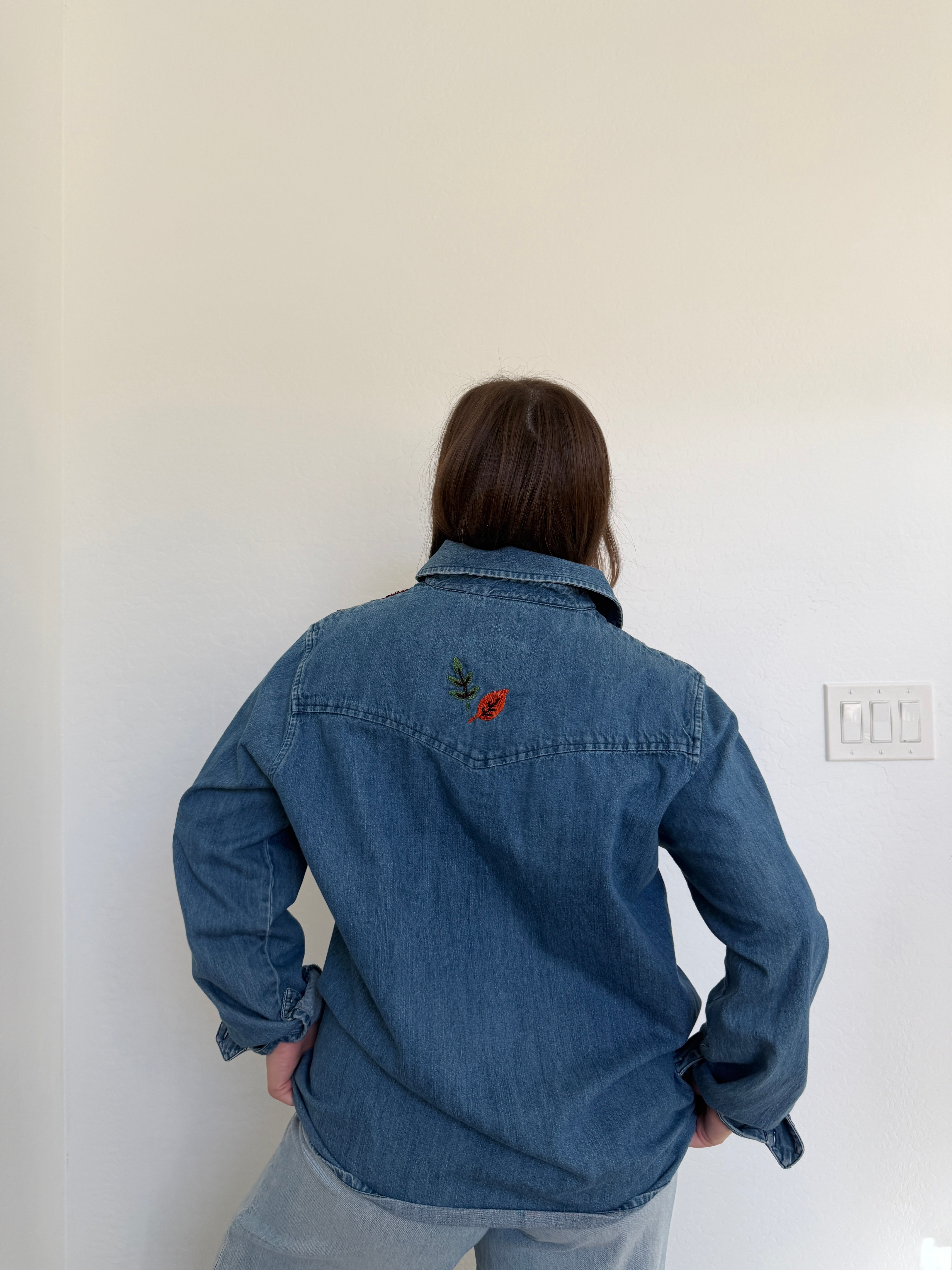 Embroidered Leaves Denim Shirt  (XL)