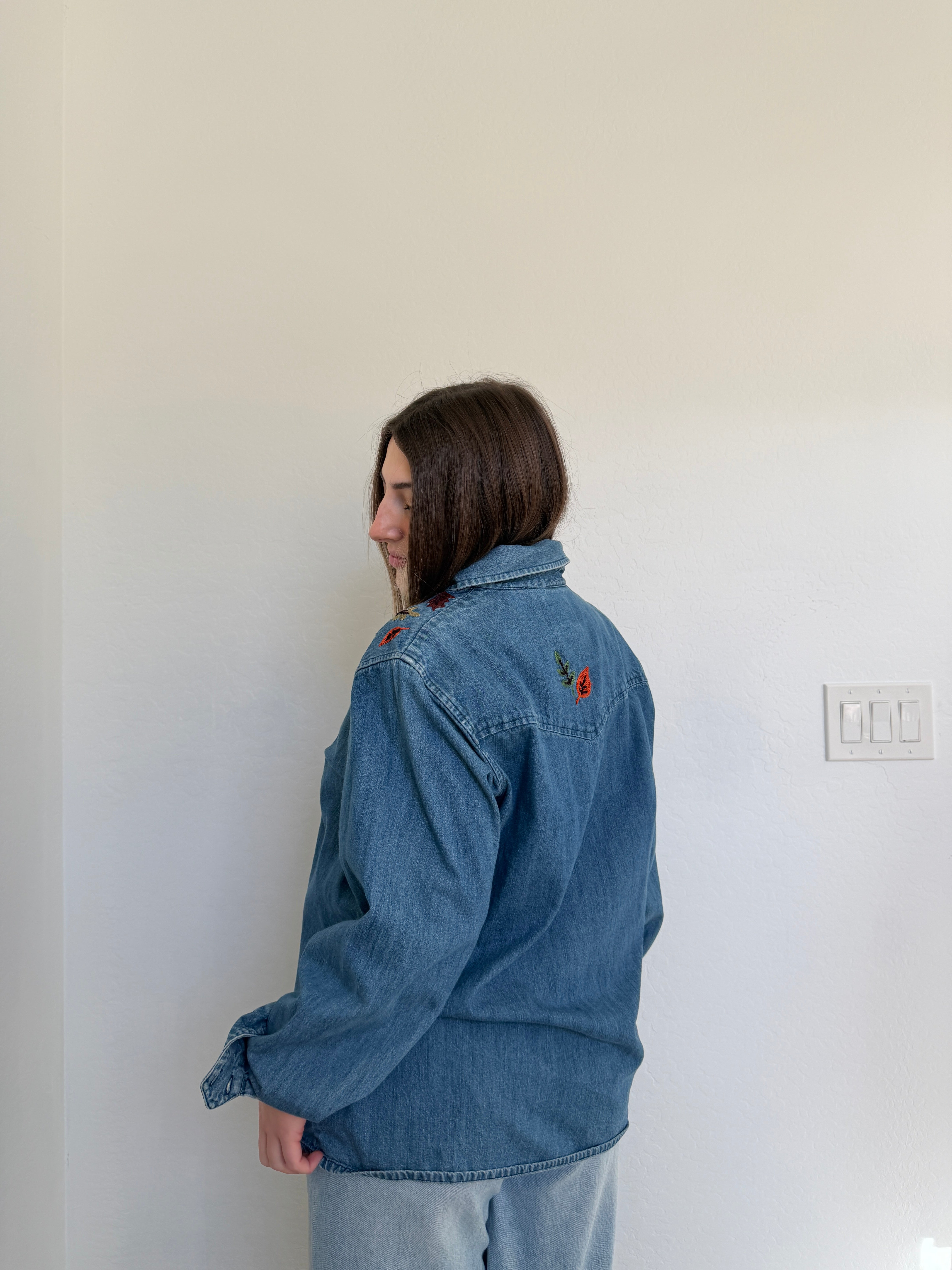 Embroidered Leaves Denim Shirt  (XL)