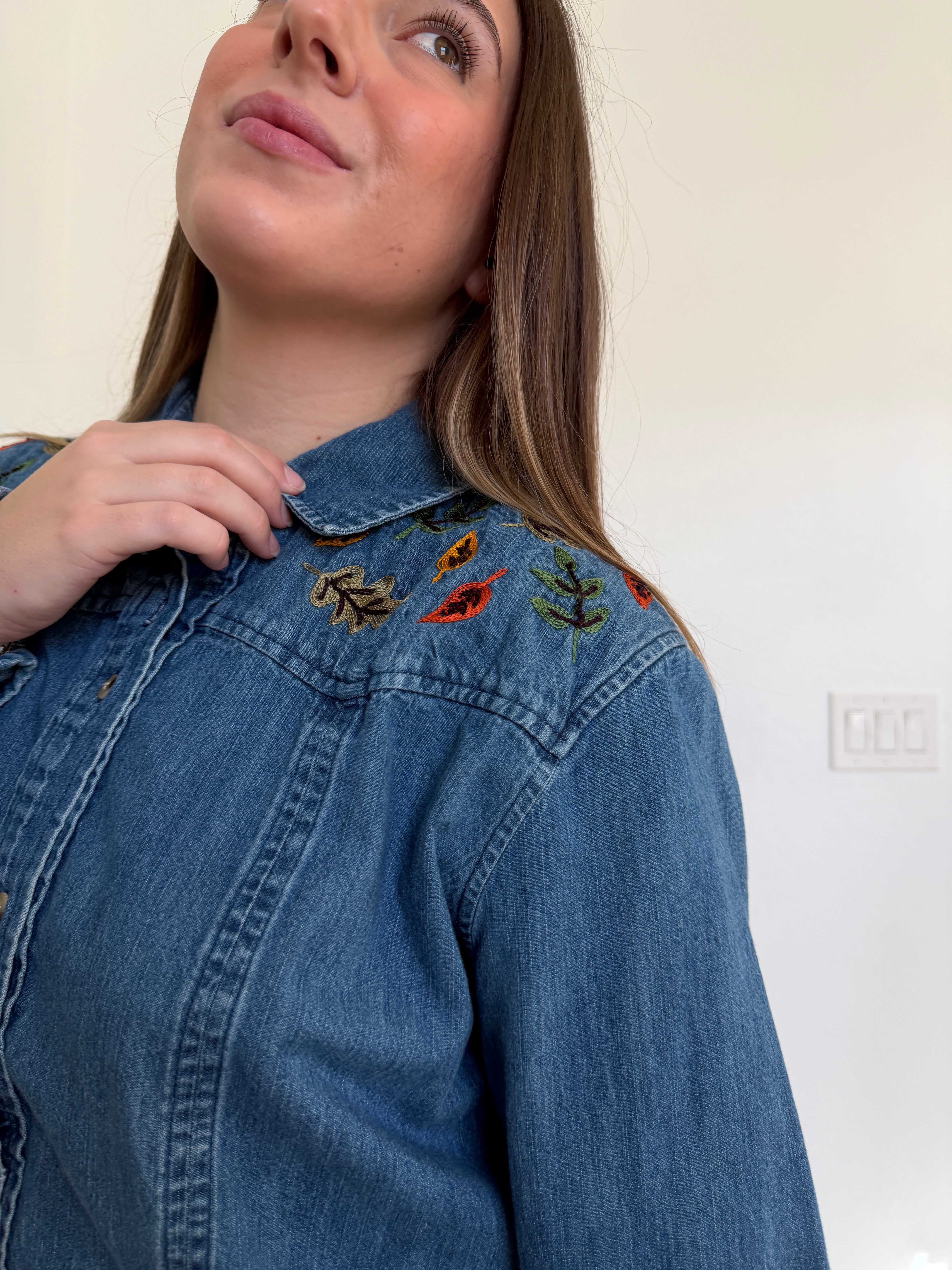 Embroidered Leaves Denim Shirt  (XL)