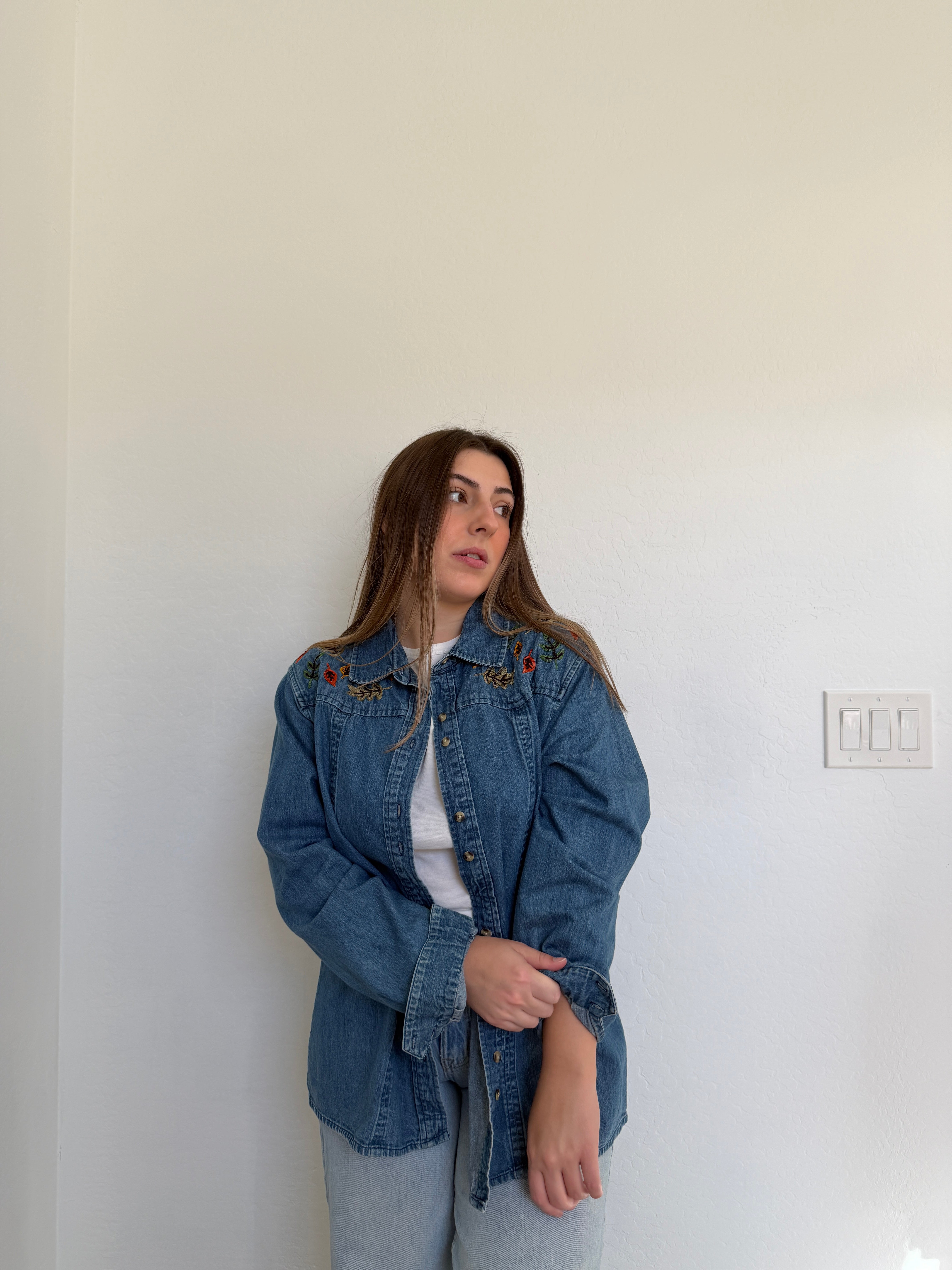 Embroidered Leaves Denim Shirt  (XL)