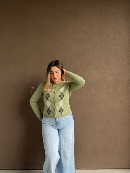 Green Argyle Cardigan (M)