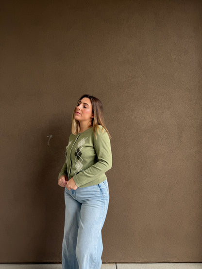 Green Argyle Cardigan (M)