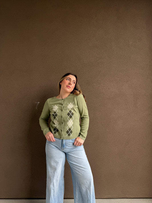 Green Argyle Cardigan (M)
