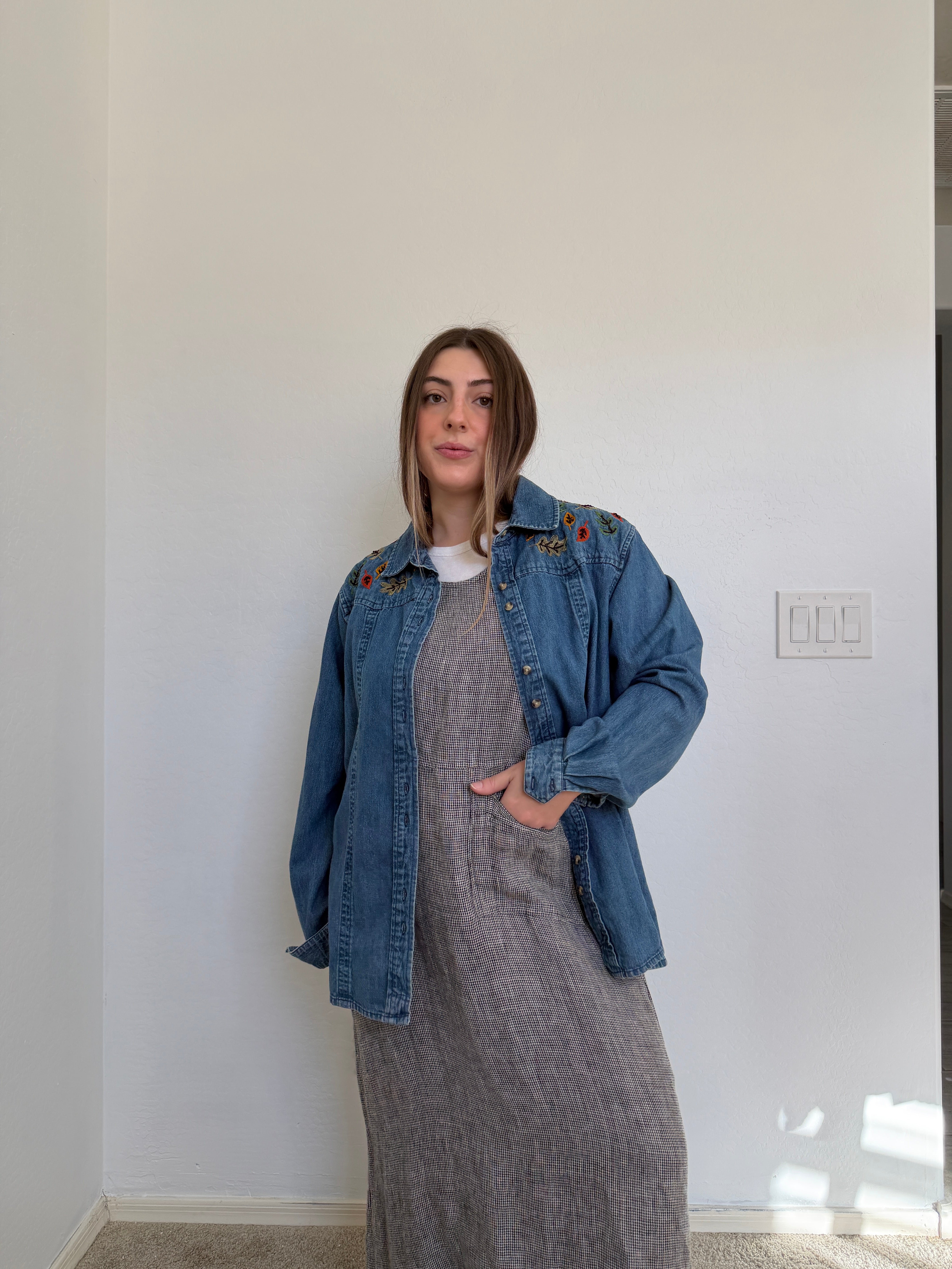 Embroidered Leaves Denim Shirt  (XL)