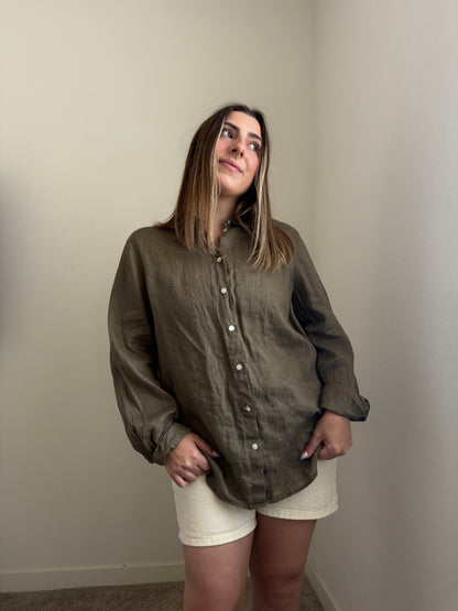 Green Linen Button Up (M)