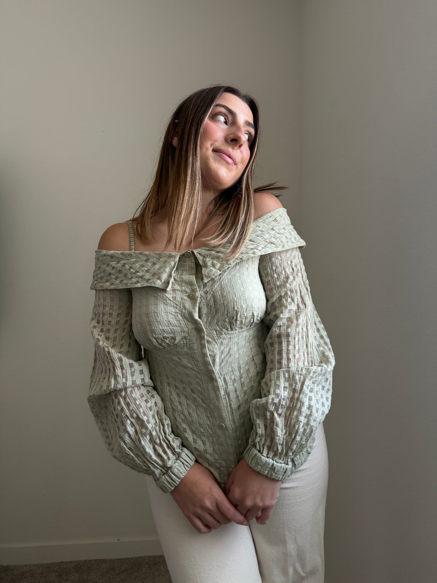 Sage Windowpane Blouse (S)